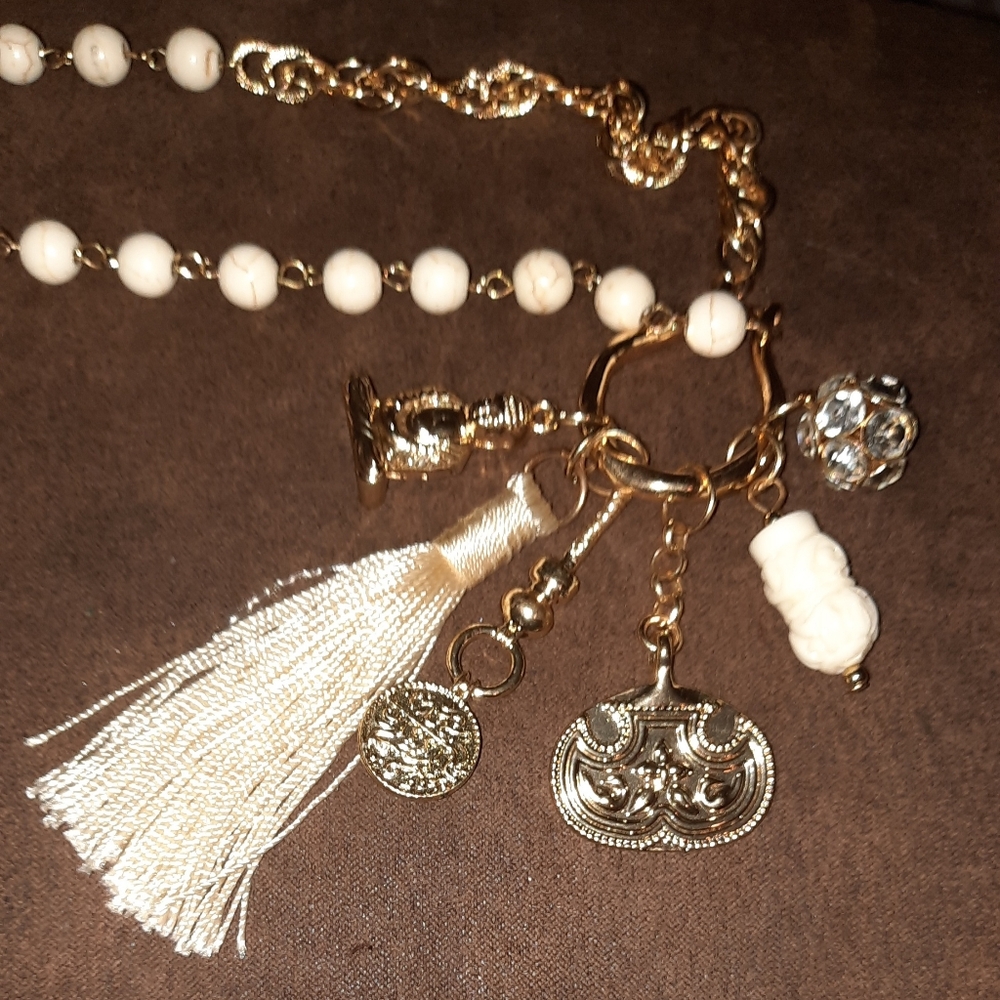 Buddha multi charm pendant gemstone bead goldtone necklace tassel Tribal - Picture 2 of 16